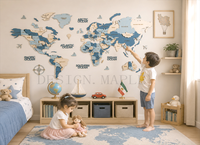 نقشه جهان چوبی آبی برای دکور اتاق کودک